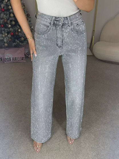 🔥Jeans de corte reto com strass✨Torne-se a protagonista que brilha！✨