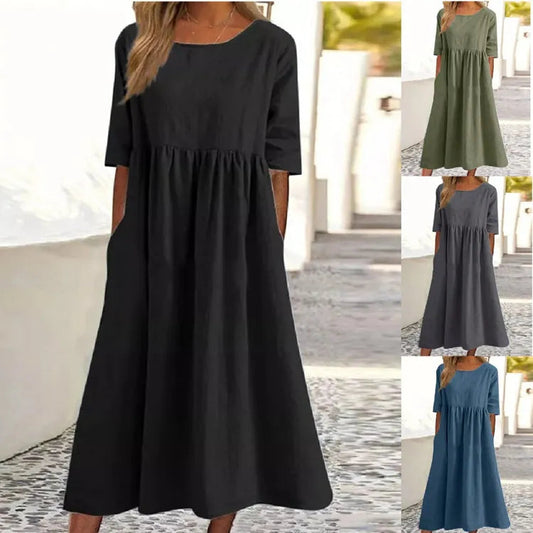 🔥Saldi estivi🔥Abito in cotone con scollo rotondo e tasca