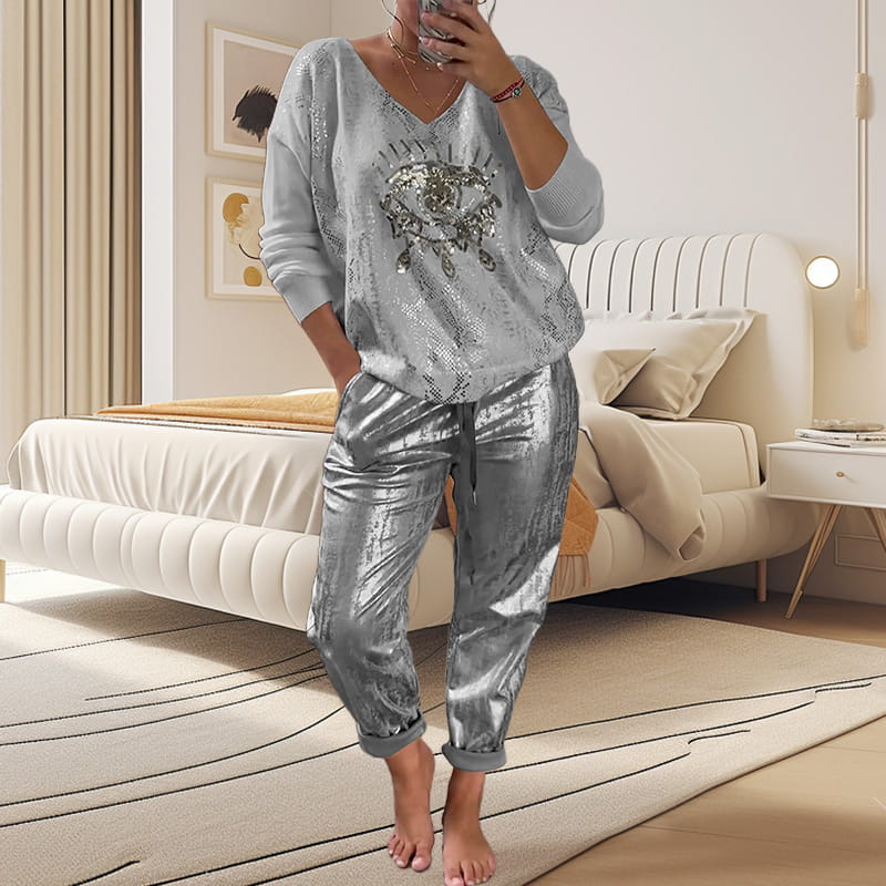 2-teiliges Damen-Set: Devil's Eye Goldfolien-Oberteil und Pailletten-Hosen-Set-1
