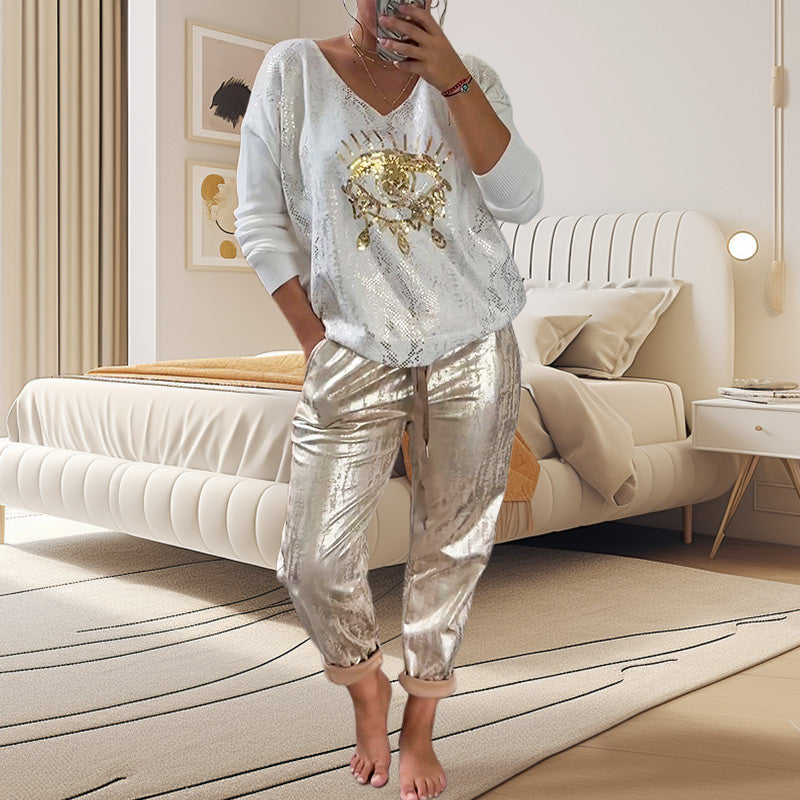 2-teiliges Damen-Set: Devil's Eye Goldfolien-Oberteil und Pailletten-Hosen-Set-8