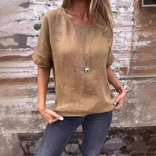 Camicetta monocolore a collo rotondo in cotone leggero per donna