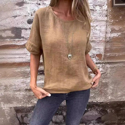 Camicetta monocolore a collo rotondo in cotone leggero per donna