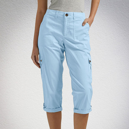 Capri Cargohose mit Taille und Falten unten und mehreren Taschen