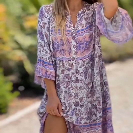 🔥🔥✨Vestido feminino com estampa floral e decote em V