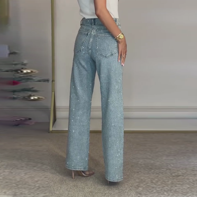 🔥Jeans de corte reto com strass✨Torne-se a protagonista que brilha！✨