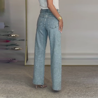 🔥Jeans de corte reto com strass✨Torne-se a protagonista que brilha！✨