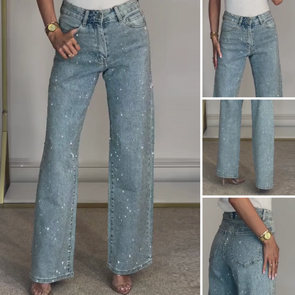 🔥Jeans de corte reto com strass✨Torne-se a protagonista que brilha！✨