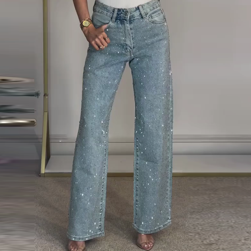 🔥Jeans de corte reto com strass✨Torne-se a protagonista que brilha！✨