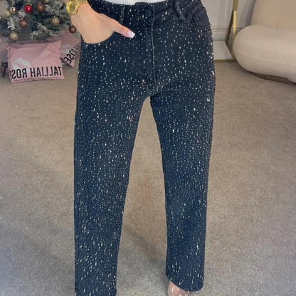 🔥Jeans de corte reto com strass✨Torne-se a protagonista que brilha！✨