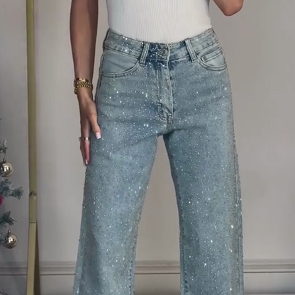 🔥Jeans de corte reto com strass✨Torne-se a protagonista que brilha！✨