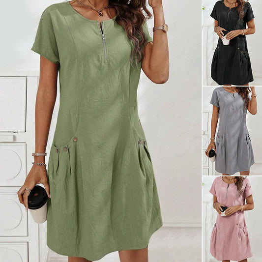 👗 SCONTO DEL 60%! ✨ Abito da donna con mezza cerniera – Tasche con bottoni, tessuto morbido e taglio casual 🌸