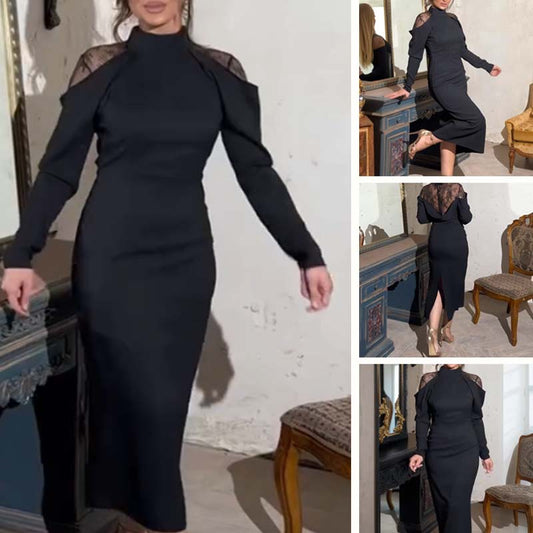 🎁Saldi scottanti 50% DI SCONTO⏳Elegante abito midi da donna con collo alto e retro in pizzo