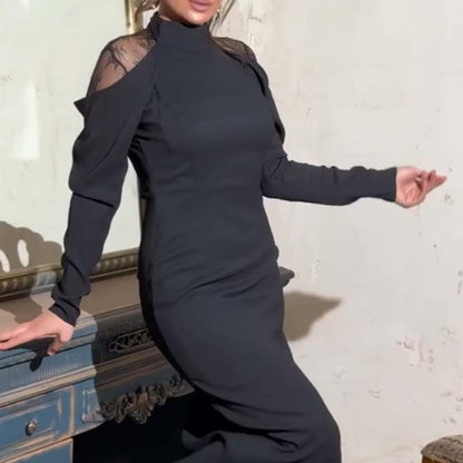 🎁Saldi scottanti 50% DI SCONTO⏳Elegante abito midi da donna con collo alto e retro in pizzo