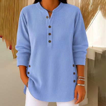 Henley da donna in velluto a coste con bottoni