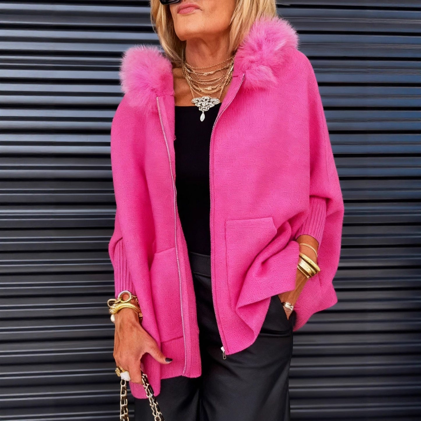 Jaqueta casual feminina de cor sólida com gola de pele🧥