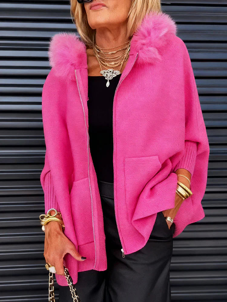 Jaqueta casual feminina de cor sólida com gola de pele🧥