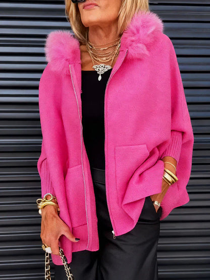 Jaqueta casual feminina de cor sólida com gola de pele🧥
