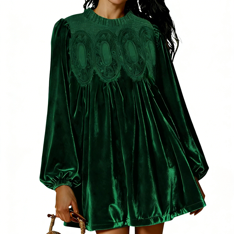 📢📢Sconto del 50%! Abito tunica vintage con pizzo – Silhouette A-line, maniche a sbuffo ed eleganza senza tempo 💚✨