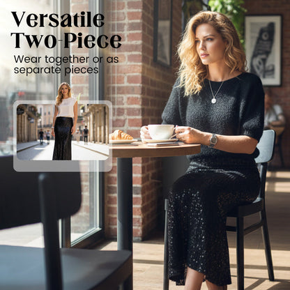 Set 2 pezzi con top lavorato a maglia e gonna con paillettes per donna