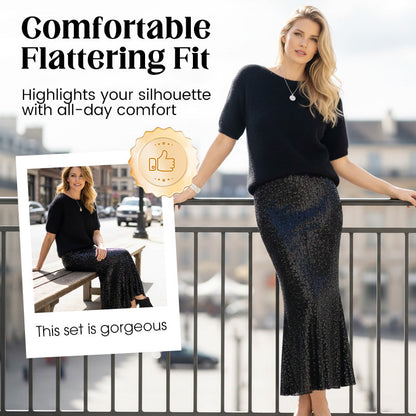 Set 2 pezzi con top lavorato a maglia e gonna con paillettes per donna