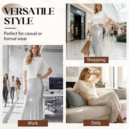 Set 2 pezzi con top lavorato a maglia e gonna con paillettes per donna