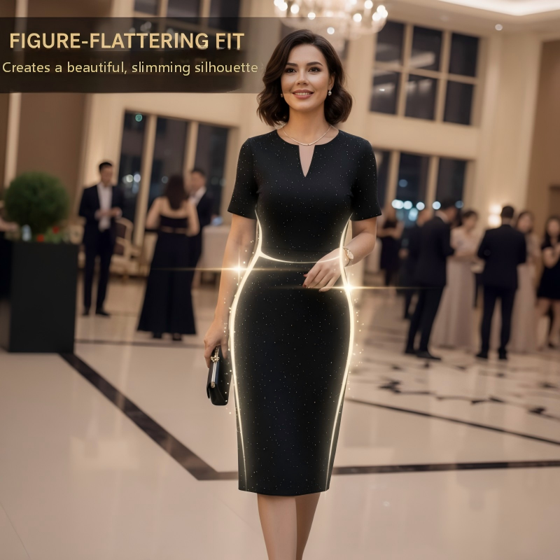🧡Nuovo arrivo🔥Abito classico nero scintillante con scollo a V e maniche corte