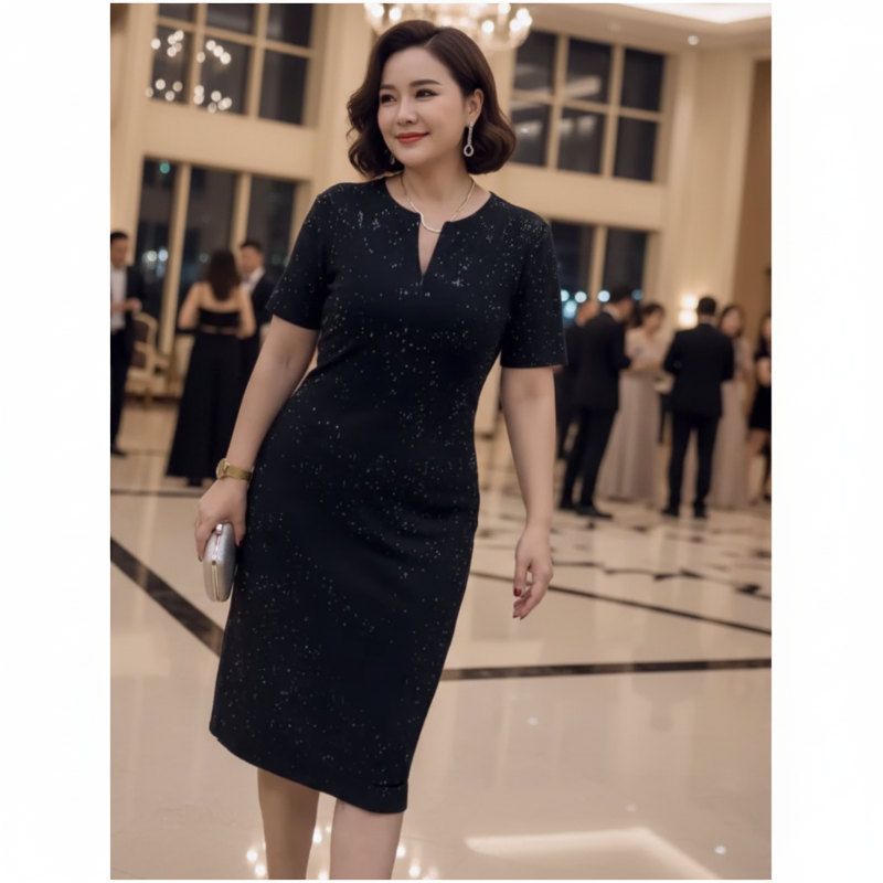 🧡Nuovo arrivo🔥Abito classico nero scintillante con scollo a V e maniche corte