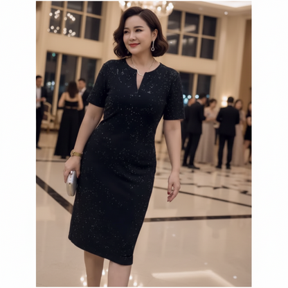 🧡Nuovo arrivo🔥Abito classico nero scintillante con scollo a V e maniche corte
