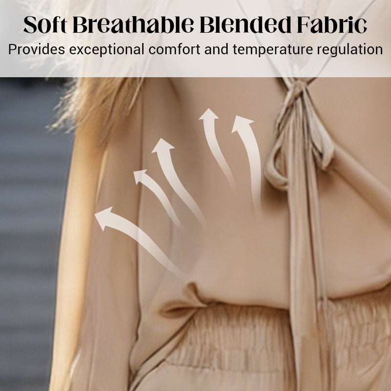 Elegante completo a due pezzi da donna composto da camicetta con scollo a V e pantaloni