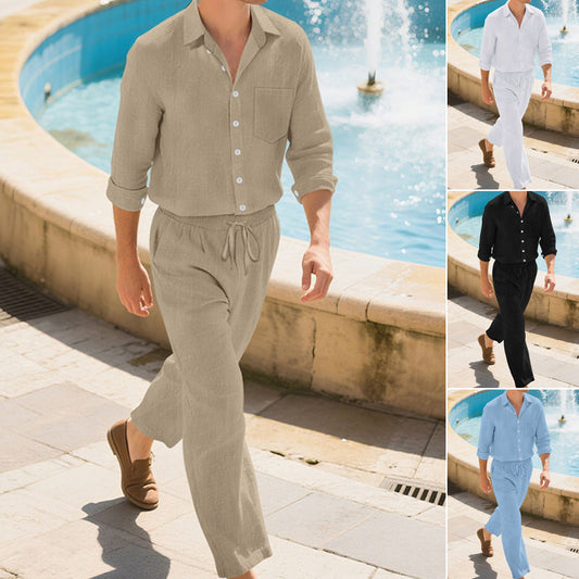 Set da uomo composto da camicia a maniche lunghe in lino e pantaloni lunghi