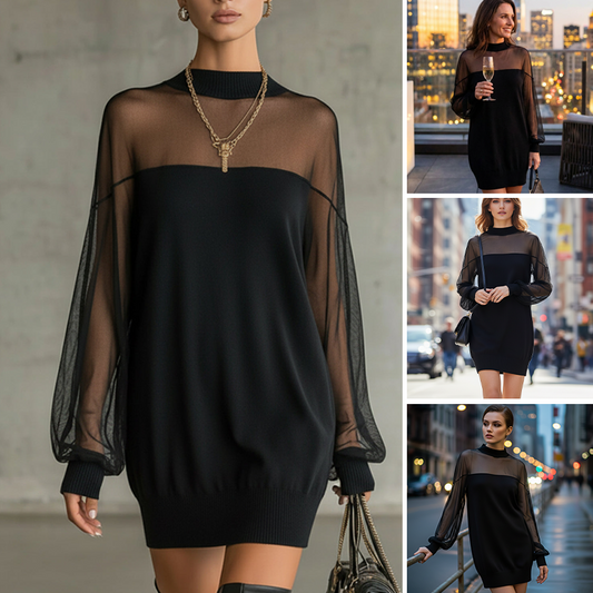 Miniabito con collo alto in maglia trasparente