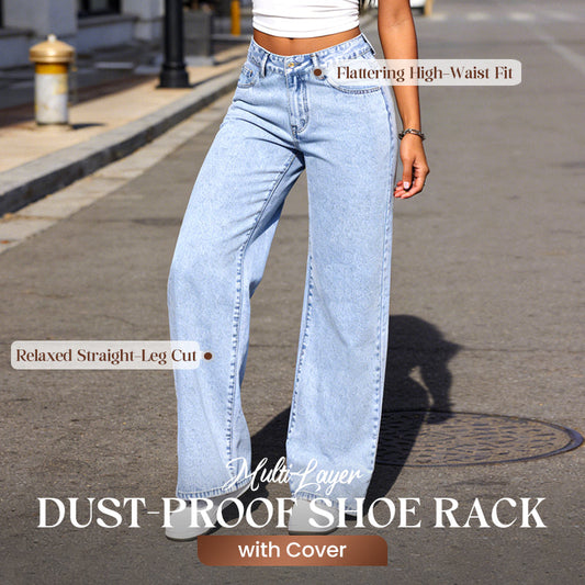 Jeans dritti a vita alta con nodo ricamato