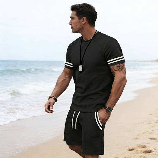 ✨ Sconto del 55%🔥 Set da uomo a 2 pezzi: maglietta a righe e pantaloncini