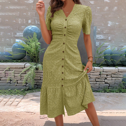 🌿 Vestido Midi Feminino com Decote em V – Elegância e Conforto para Todos os Dias