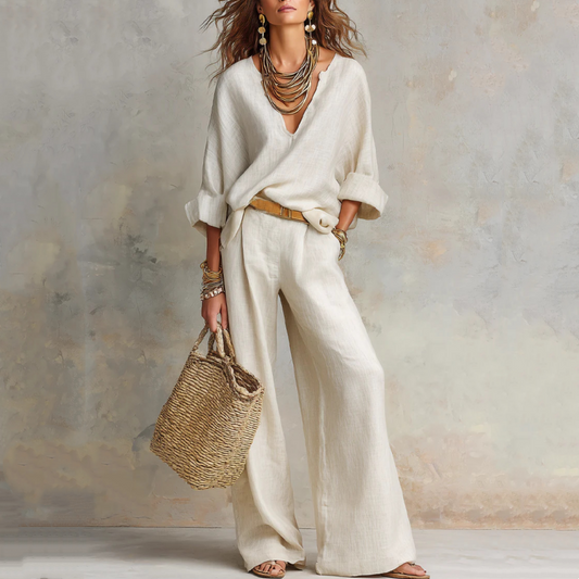 Set da donna a due pezzi: top con scollo a V e pantaloni a gamba larga