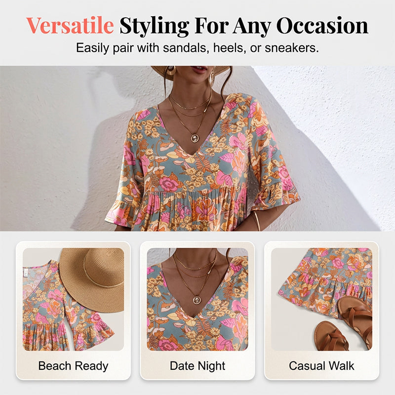 🌸 Um toque chique de verão: um vestido florido com decote em V para todas as ocasiões🌞