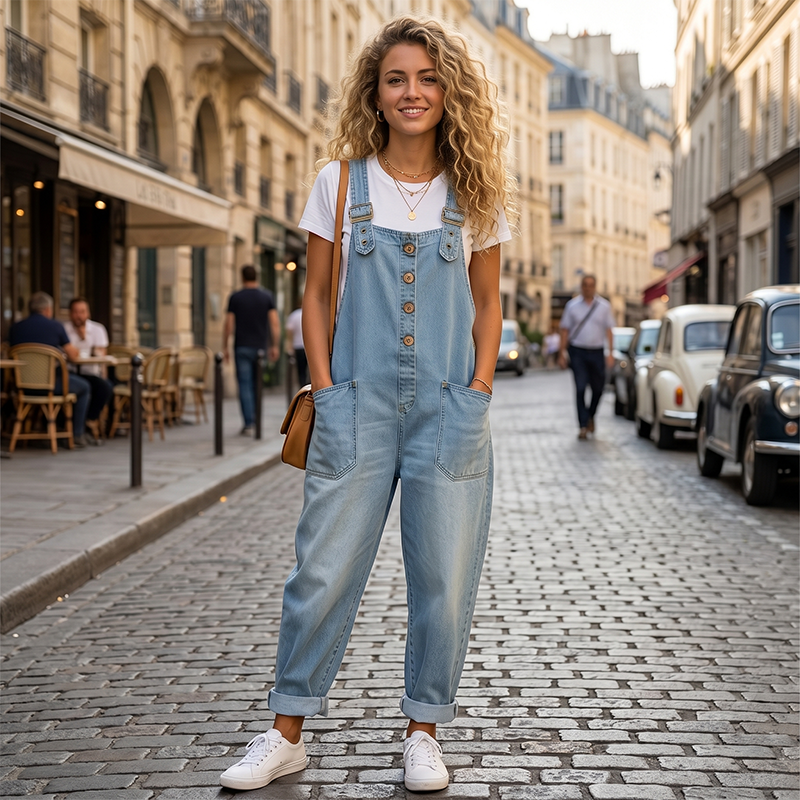 👖🔥 SCONTO DEL 50% 💥 Salopette baggy in denim da donna con tasche: casual, comoda e di gran moda ✨
