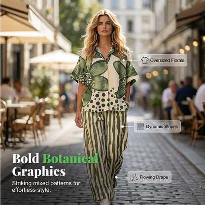 Completo da donna a due pezzi: top stampato e pantaloni abbinati.