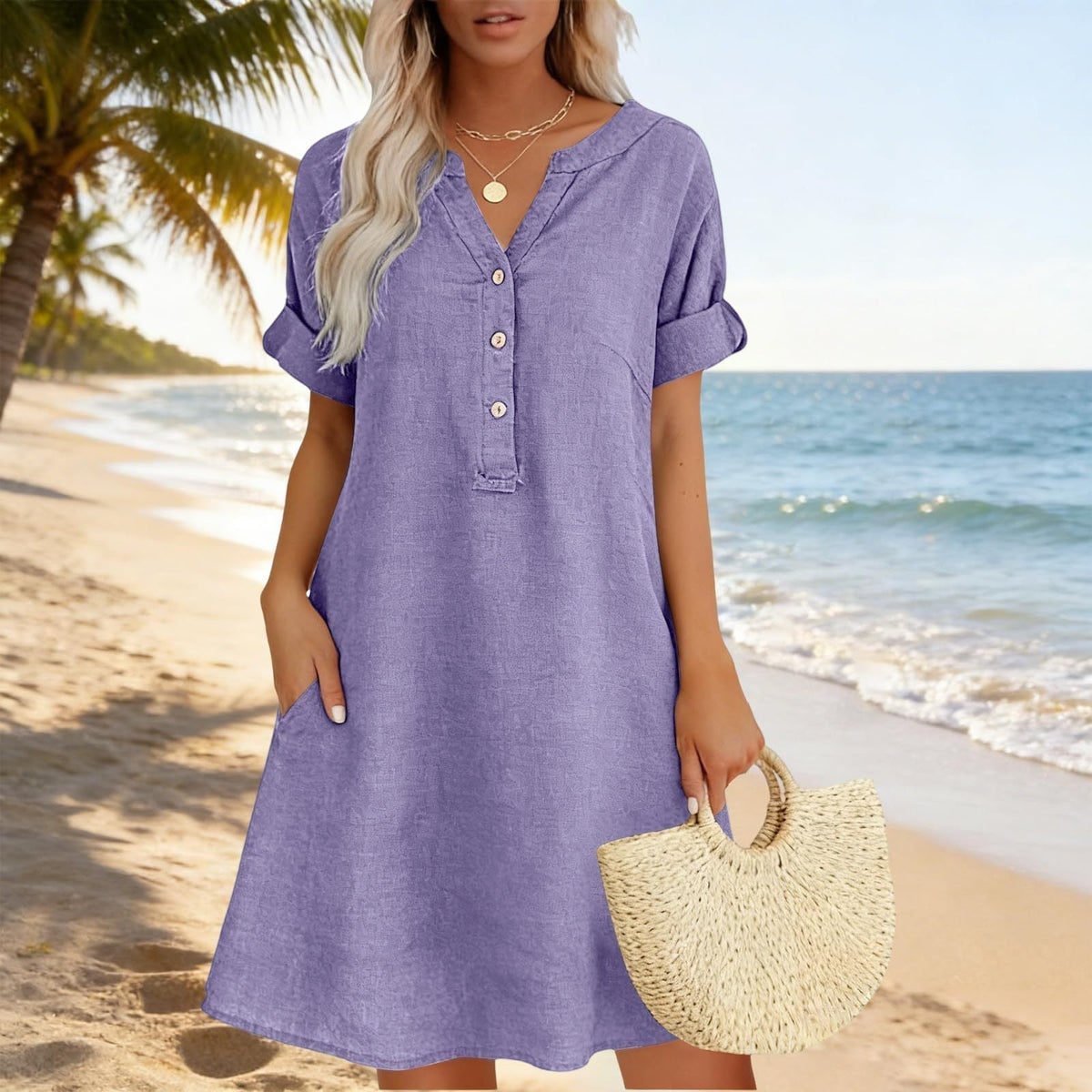 🏖️Summer Hot Sale 60% OFF🏝️👗Women's V-Neck Tunic Dress – Relaxed Fit, Pockets & Breathable