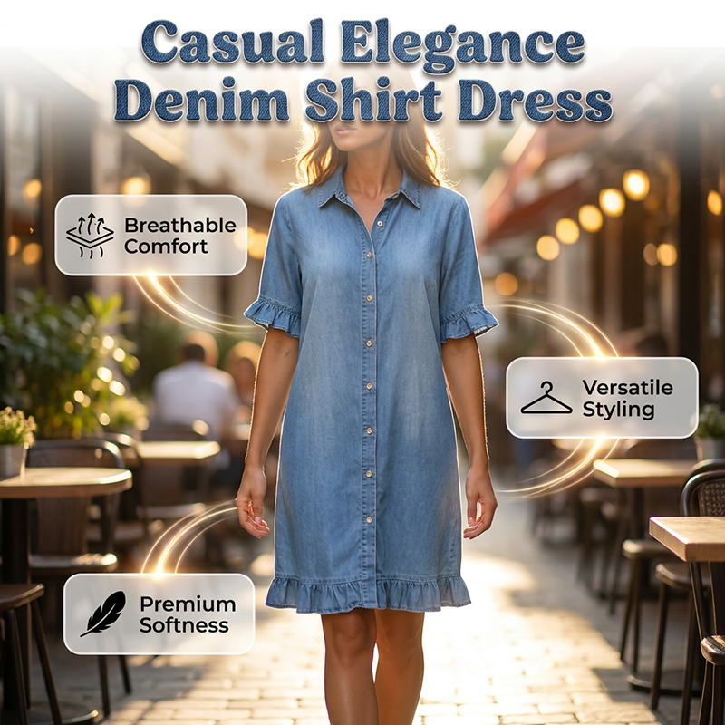 👗Abito a camicia in denim ampio con volant【Un abito che vale davvero la pena ordinare】