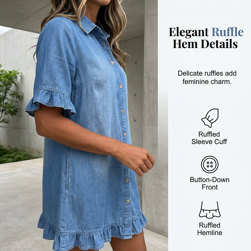 👗Abito a camicia in denim ampio con volant【Un abito che vale davvero la pena ordinare】