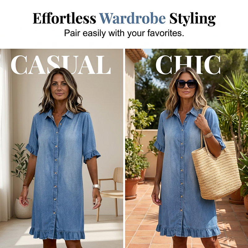 👗Abito a camicia in denim ampio con volant【Un abito che vale davvero la pena ordinare】