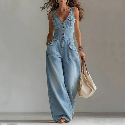 👖 SCONTO DEL 40% A TEMPO LIMITATO! 💥 Tuta in denim da donna – con chiusura frontale a bottoni, gamba larga, misto cotone ✨