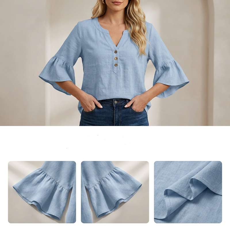 Top casual in tessuto a tinta unita con scollo a V da donna