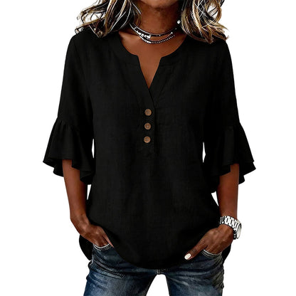 Top casual in tessuto a tinta unita con scollo a V da donna