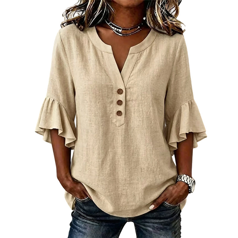 Top casual in tessuto a tinta unita con scollo a V da donna