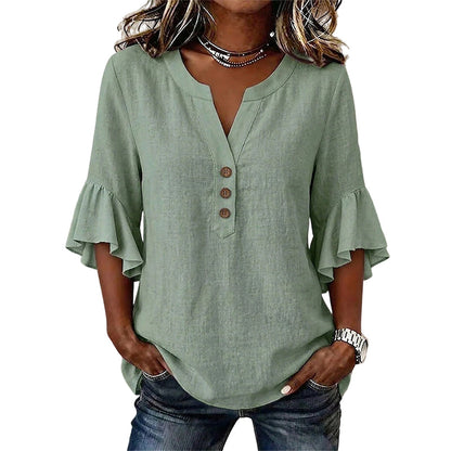 Top casual in tessuto a tinta unita con scollo a V da donna