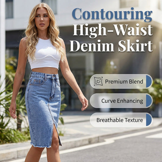 Saia jeans feminina de cintura alta com fenda na frente