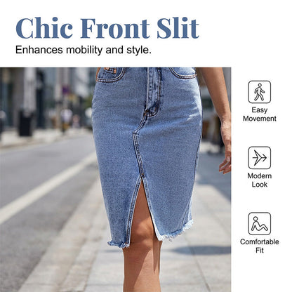 Saia jeans feminina de cintura alta com fenda na frente