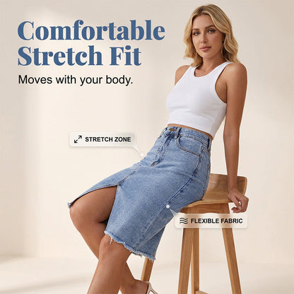 Saia jeans feminina de cintura alta com fenda na frente